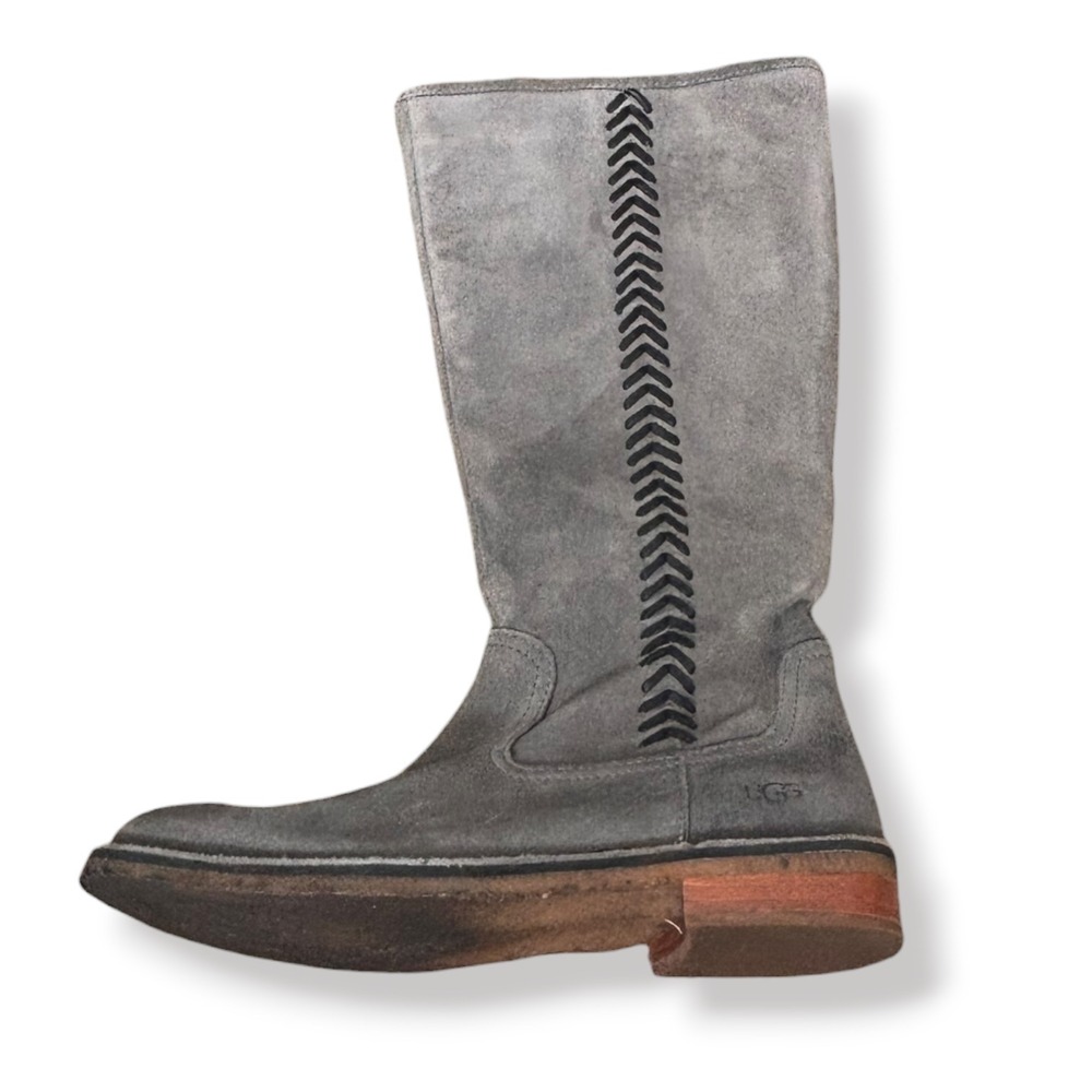UGG Wilder Riding Boots Gray Suede Tall Knee High Side Zip Shearling Womens 7